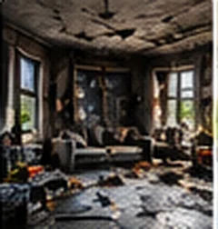 Fire-damaged living room with charred walls, before restoration